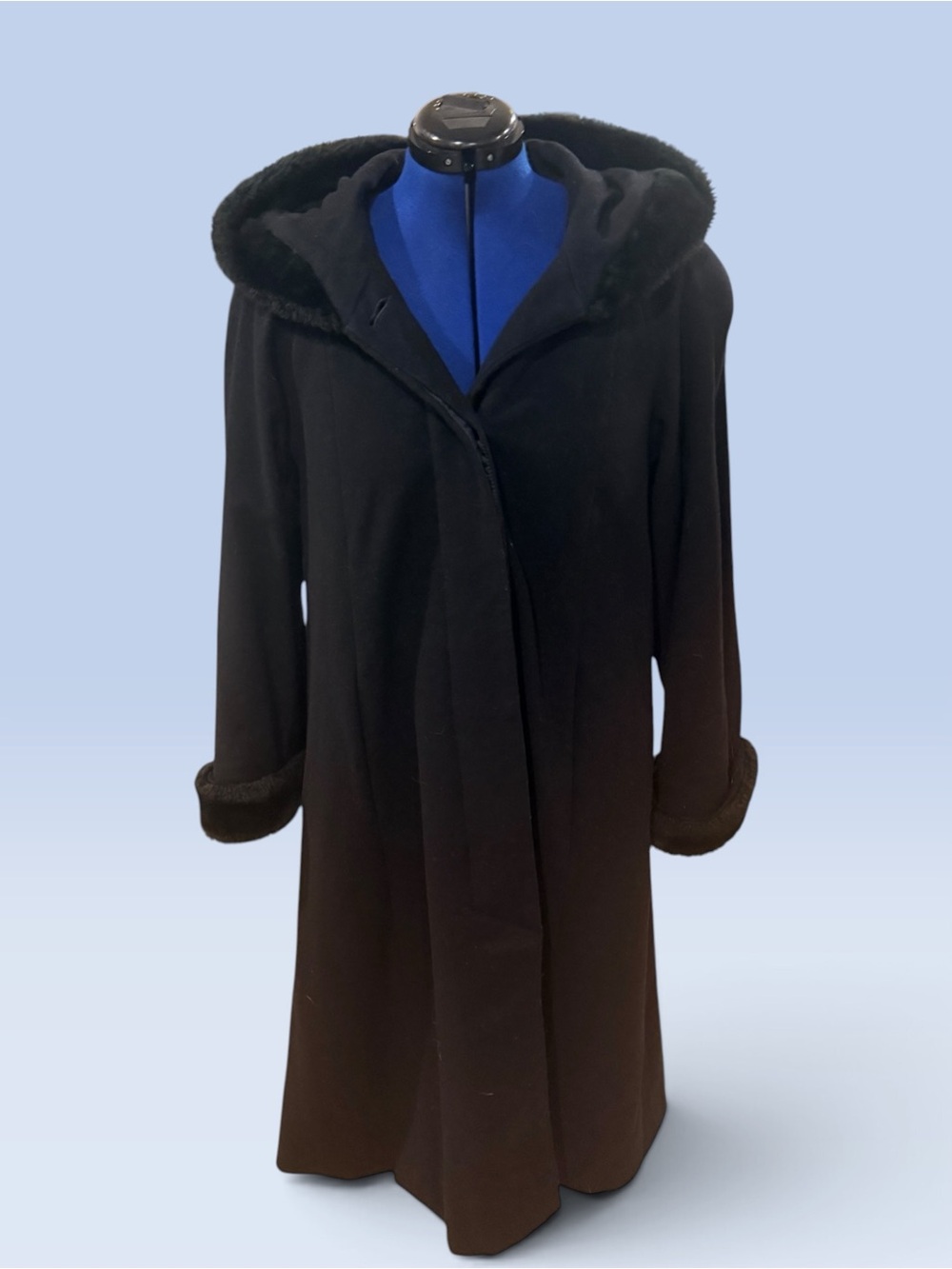 Braetan Black Hooded Trench Coat with Faux-Fur Trim- 100% Wool Vintage early 90s